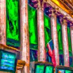 An AI illustration of the New York Stock Exchange done in an oil painting style.